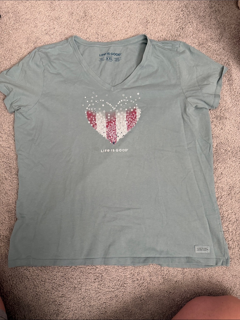 Life Is Good Sage Green V-Neck Tee with Heart Stripe Graphic